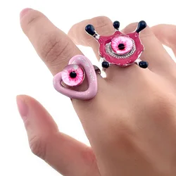 KADRUFI Sweet Y2K Cool Devil's Eye Rings for Women Girls Korean Fasshion Kpop Exaggerated Heart Eyes Party Opening Finger Ring