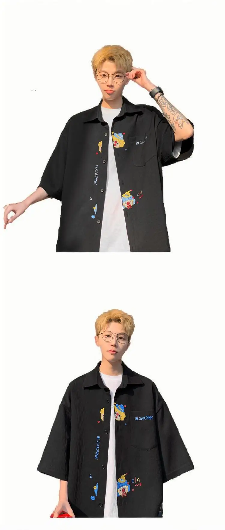 NF&ZG Embroidered short-sleeved shirt men's summer trendy American style shirt loose trendy five-point sleeve casual jacket