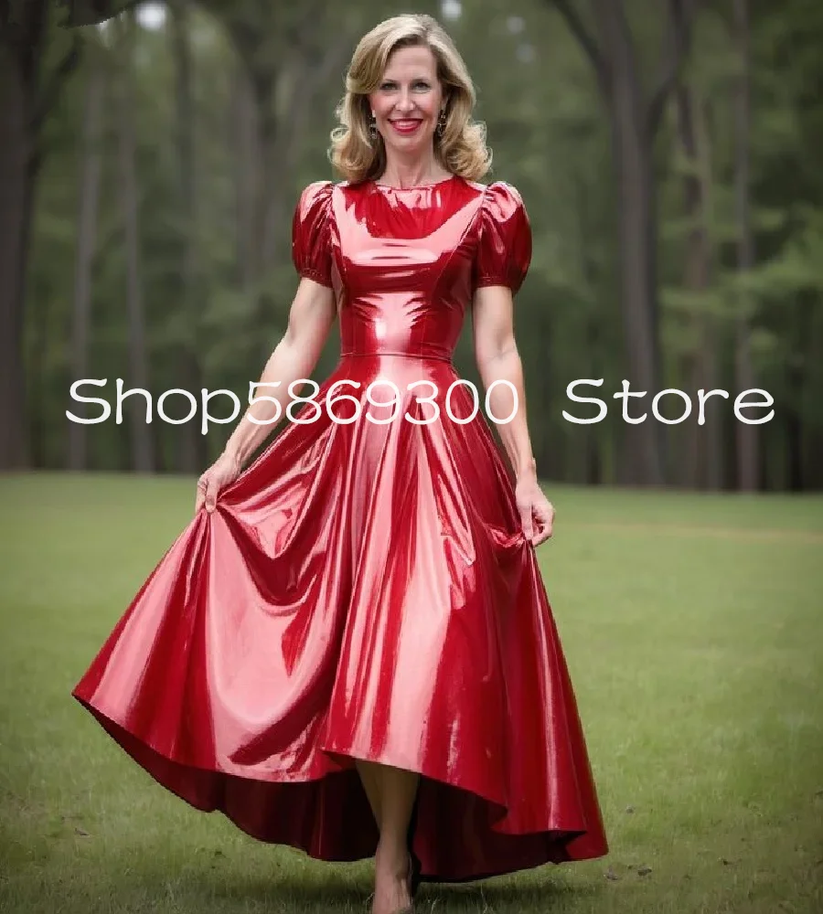 

Morden Fashion Red Prom Desses Pvc Faxu Leather Short Sleeve ankle-length Shiny Evening party Dress outfit Customized