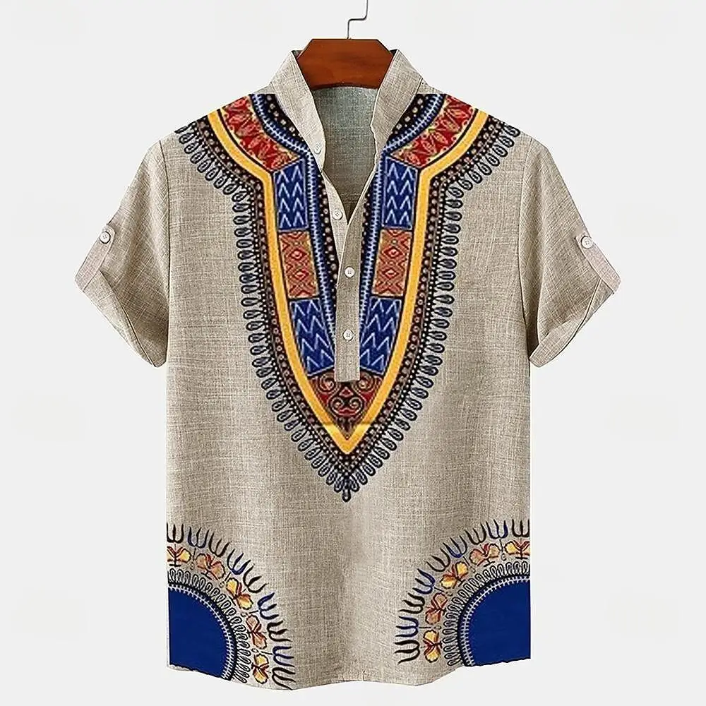 

New retro men's linen short sleeved shirt with digital printing, fashionable trend, street outdoor, casual and comfortable