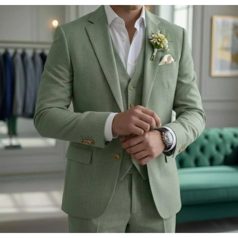 

Linen Wedding Tuxedo Slim Fit Summer Men Suits 3 Pieces Lightweight Breathable Vest Blazer Pants Set Elegant Groom Formal Outfit