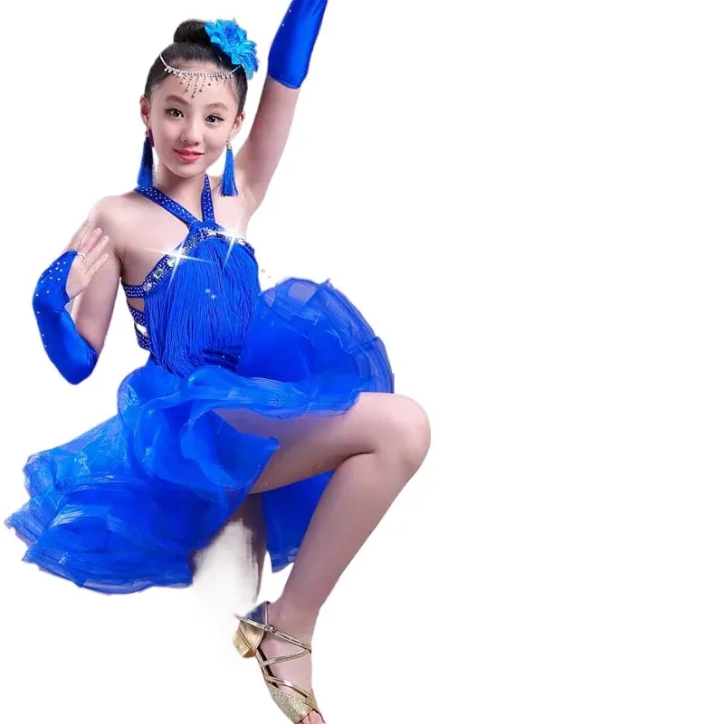 Professional Girls Modern Ballroom Latin Dance Costumes Fringe Latin Dance Dress Fluffy Tulle Skirt Children Latina Dresses