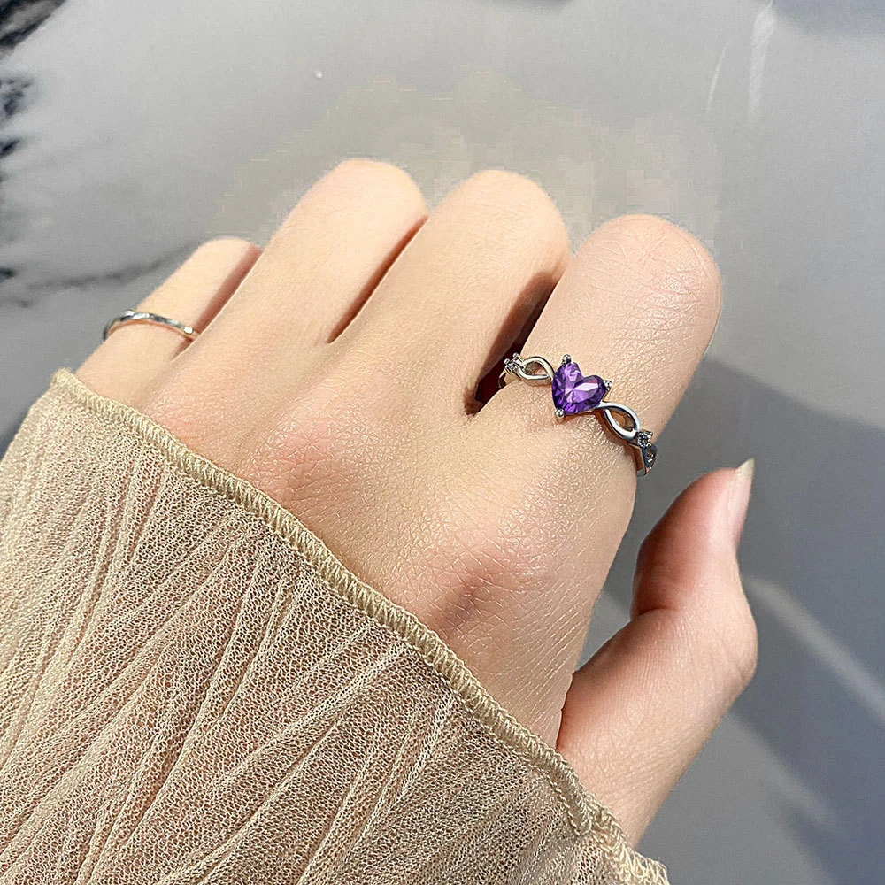 Trumium Authentic 925 Sterling Silver Amethyst Finger Rings for Women Heart Shape Wedding Promise Ring Bridal Party Gift