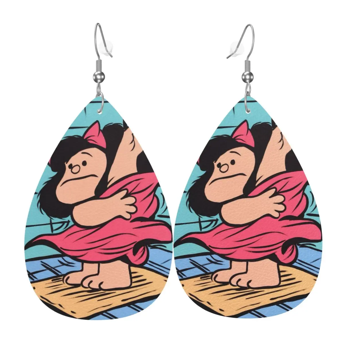 Custom Anime Mafalda Leather Teardrop Earrings Fashion For Women Cartoon Quino Manga   Jewelry Accessories For Valentine's Day