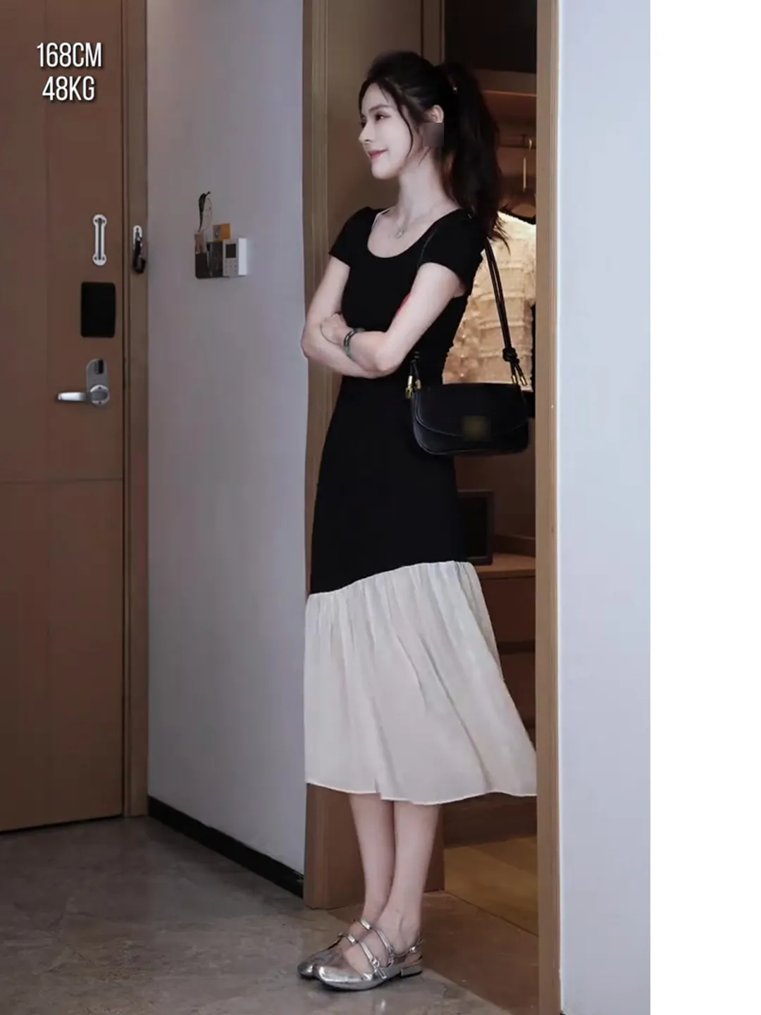 Hebe Style Square Collar Patchwork Dress Women's Summer Slimming Long Dress Elegant City Commute Short Sleeve Other Material
