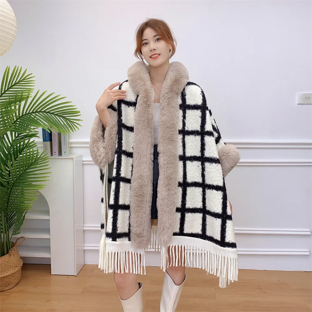 

Winter Women Striped Faux Lamb Loose Poncho Cape Thick Warm Granular Velvet Oversize Cloak Batwing Sleeves Overcoat With Hat