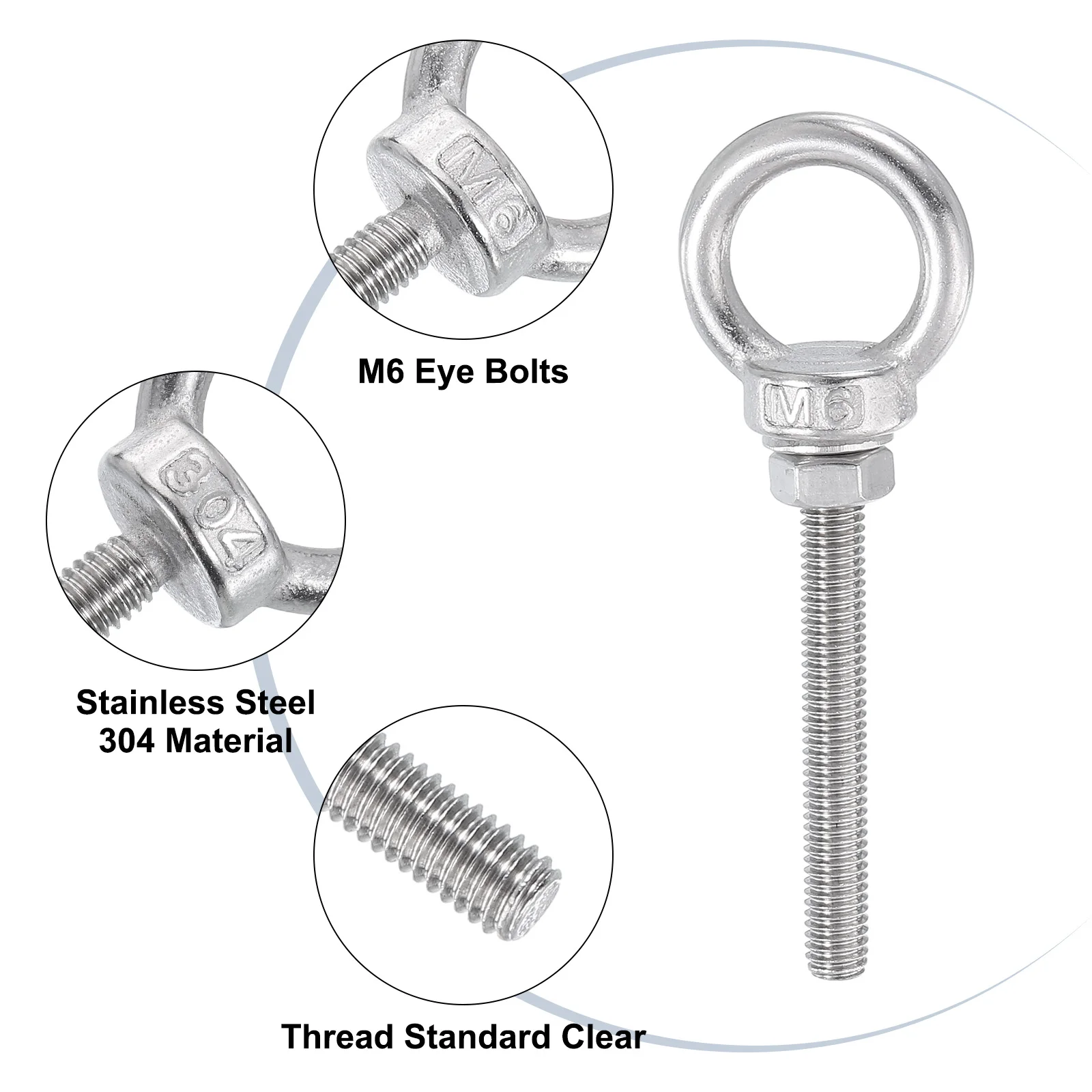 Uxcell 5-50pcs M6 M10 M16 Threaded Eye Bolts with Nuts Washers 304 Stainless Steel Marine Grade Machinery Shoulder Lifting Ring
