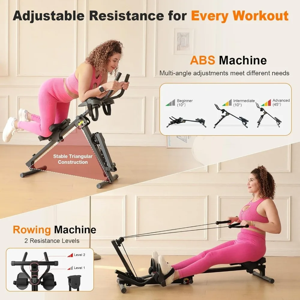 3 in 1 Rowing Machine, Ab Machine with Resistance Bands, Abdominal Trainers for Full Body Workout, Fitness FoldableEquipment