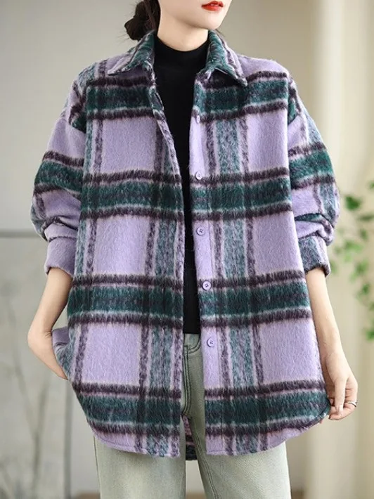 

Повседневная шерстяная рубашка в клетку большого размера для женщин: модная, свободного кроя, с длинным рукавом, отложным воротником, универсальный осенний топ