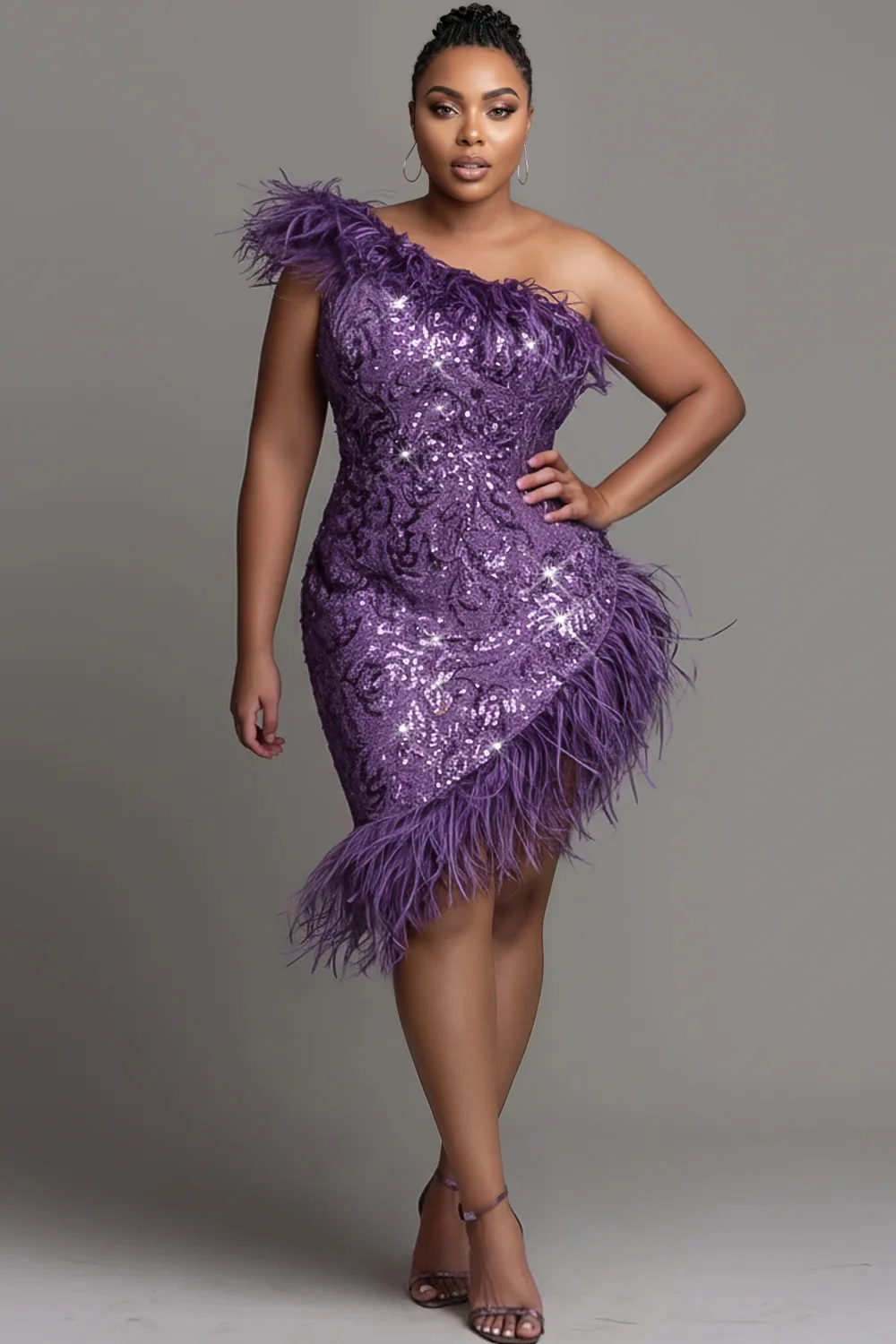 

Plus Size Mardi Gras Purple One Shoulder Feather Elegant Asymmetric Hem Sequin Mini Dresses