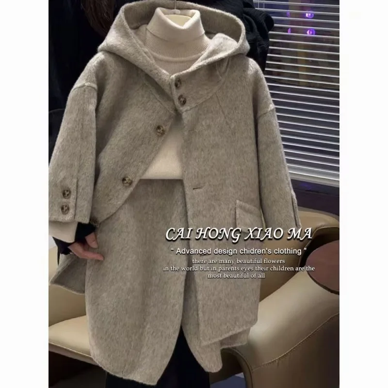 

90-140CM New Autumn and Winter Girls Woolen Suit With Thickened Children's Hooded Jacket and Pants Two-piece Set