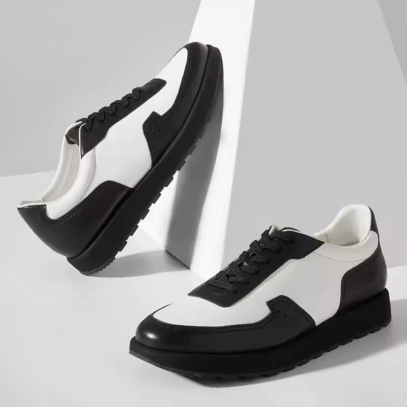 

New Mwn Shoes Casual Genuine Leather Sneakers Fashion Lace Up Height Increasing Flats Youth Oxfords Male Shoes Black White