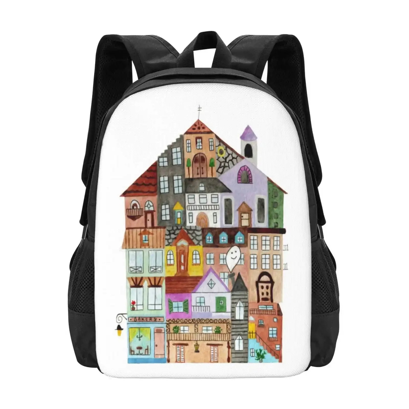 

Дом с узором, дизайн, рюкзак, школьные сумки, здание дома, акварель, милый замок, старый ретро-кафе, кофейня, пекарня, крыша