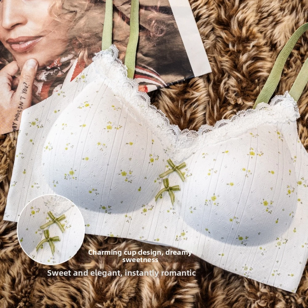 Weicher, verstellbarer, nahtloser, spurenloser, kabelloser V-BH mit Blumenmuster und Schleife, stoßdämpfender BH für Damen, Punktmuster, nahtlose BHs, Yoga – Detail 12