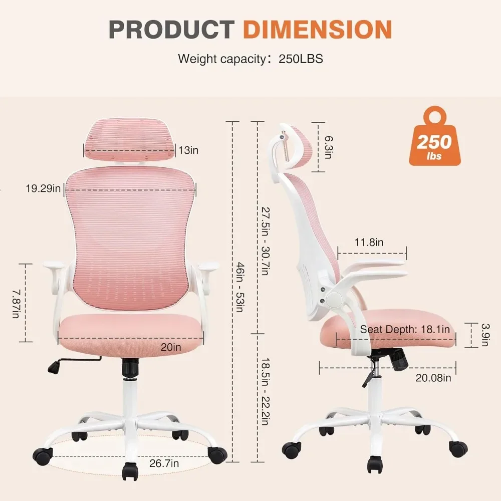 Bureaucomputerbureaustoel, ergonomische mesh-rolstoelen met hoge rugleuning, wielen en verstelbare hoofdsteunen, comfortabel