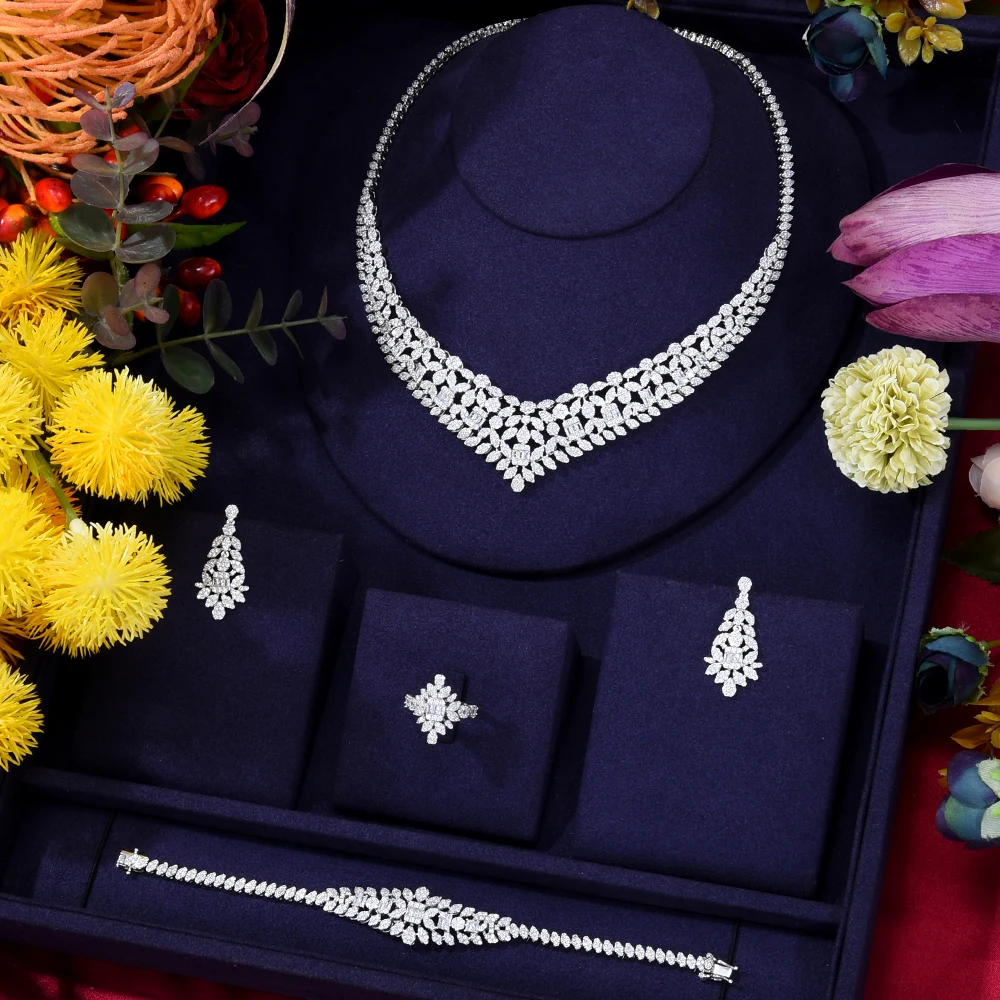 

Siscathy Luxury Banquet Party Jewelry Set Women Necklace Full Micro Zircon Earrings Rings Celebration European Style Accessory
