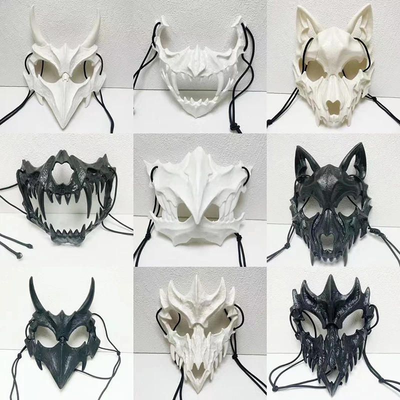 1Pc Schedelmasker Feest Lange Tanden Demon Skelet Half Gezichtsmasker Wolf Dragon Tiger Houjuu Nue Mask Cosplay Halloween Kostuum Rekwisieten