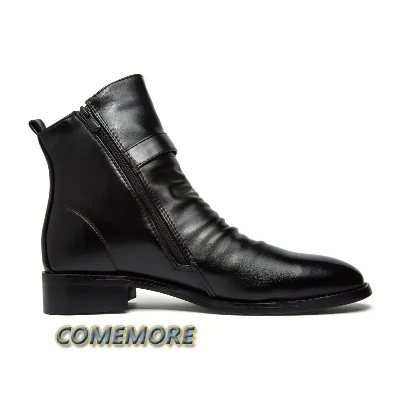 2023 Men\'s Leather Boots Pointed Fashion British High Quality High Top PU Business Shoes Casual Autumn Winter Male Boots Black