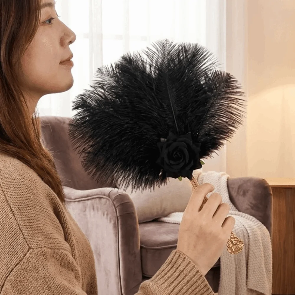 Gold Handle Ostrich Feather Fan Handmade Craft Artificial Rose Chinese Hand Fan Fan Soft Fluffy Feather Rose Fan Cosplay Events