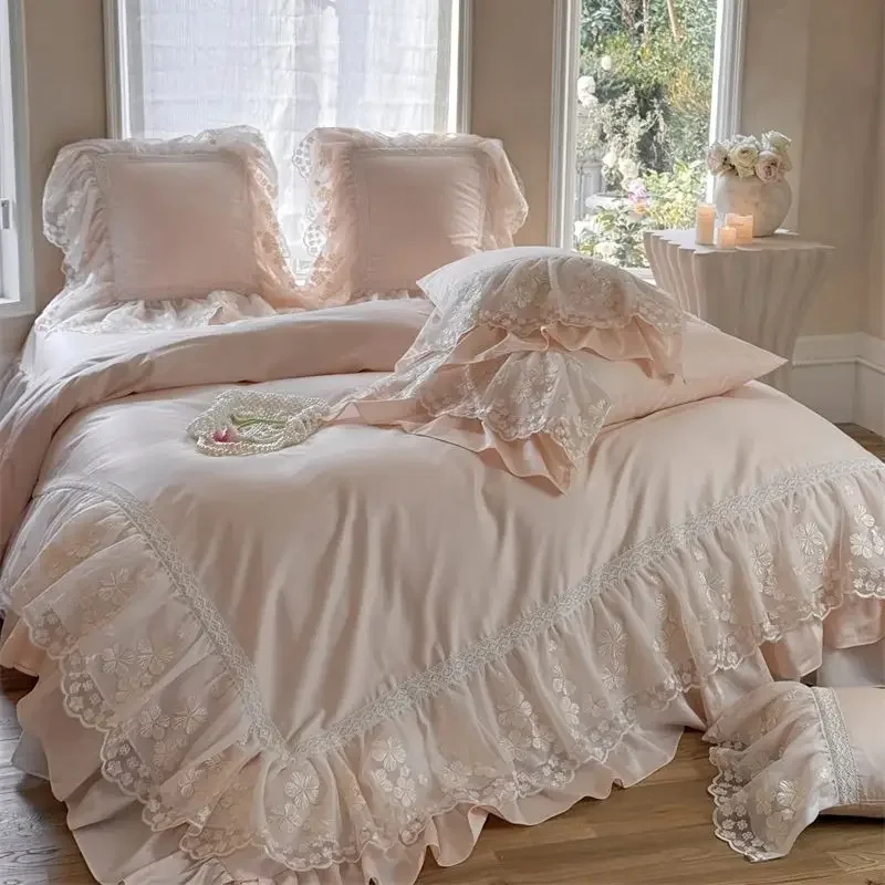 1200TC Egyptian Cotton Lace Ruffles Princess Wedding Style Pink Bedding Set Duvet Cover Flat/Fitted Bed Sheet Pillowcases 4Pcs