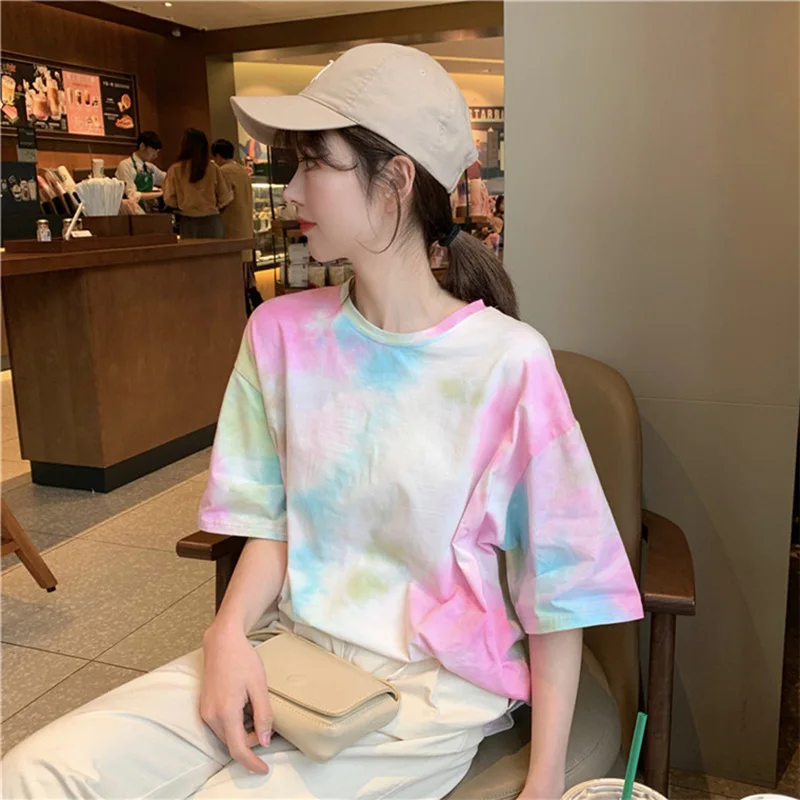 Women's Tie Dye Short Sleeve T-Shirt, Loose Tops, Korean Style, Summer