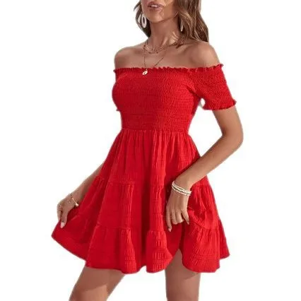 Nuovi arrivi Abbigliamento donna Abiti estivi Nuovo smocking manica corta tinta unita cuciture abito con scollo profondo
