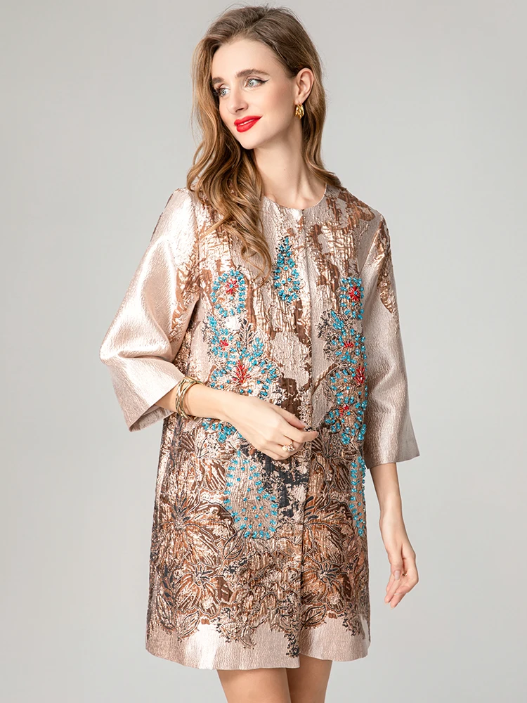 DSFACAIRIJ Women's O-Neck Beaded Jacquard Coat with Pockets 3/4 Sleeved High Street Fashion Outerwear for Autumn