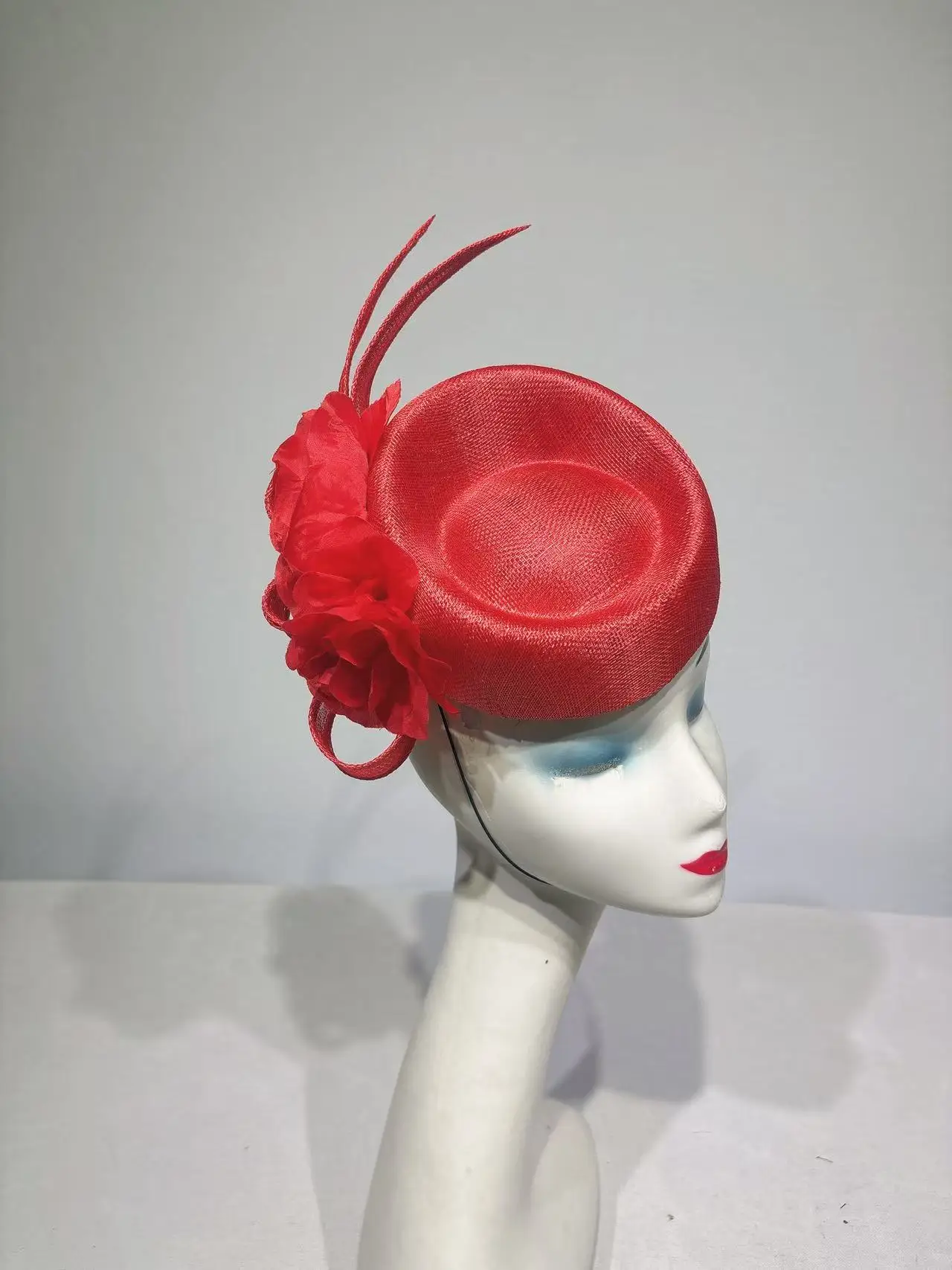 Handmade Red Hat For Women Headwear Church Hats Woman Elegant Party Ladies Dress Sinamay Derby Hat Wear