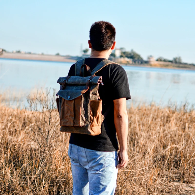Vintage Waxed Canvas Rolltop Backpack for Fashionable Men - Leather Trim, Laptop-Ready School & Wearproof Travel Weekend Bag