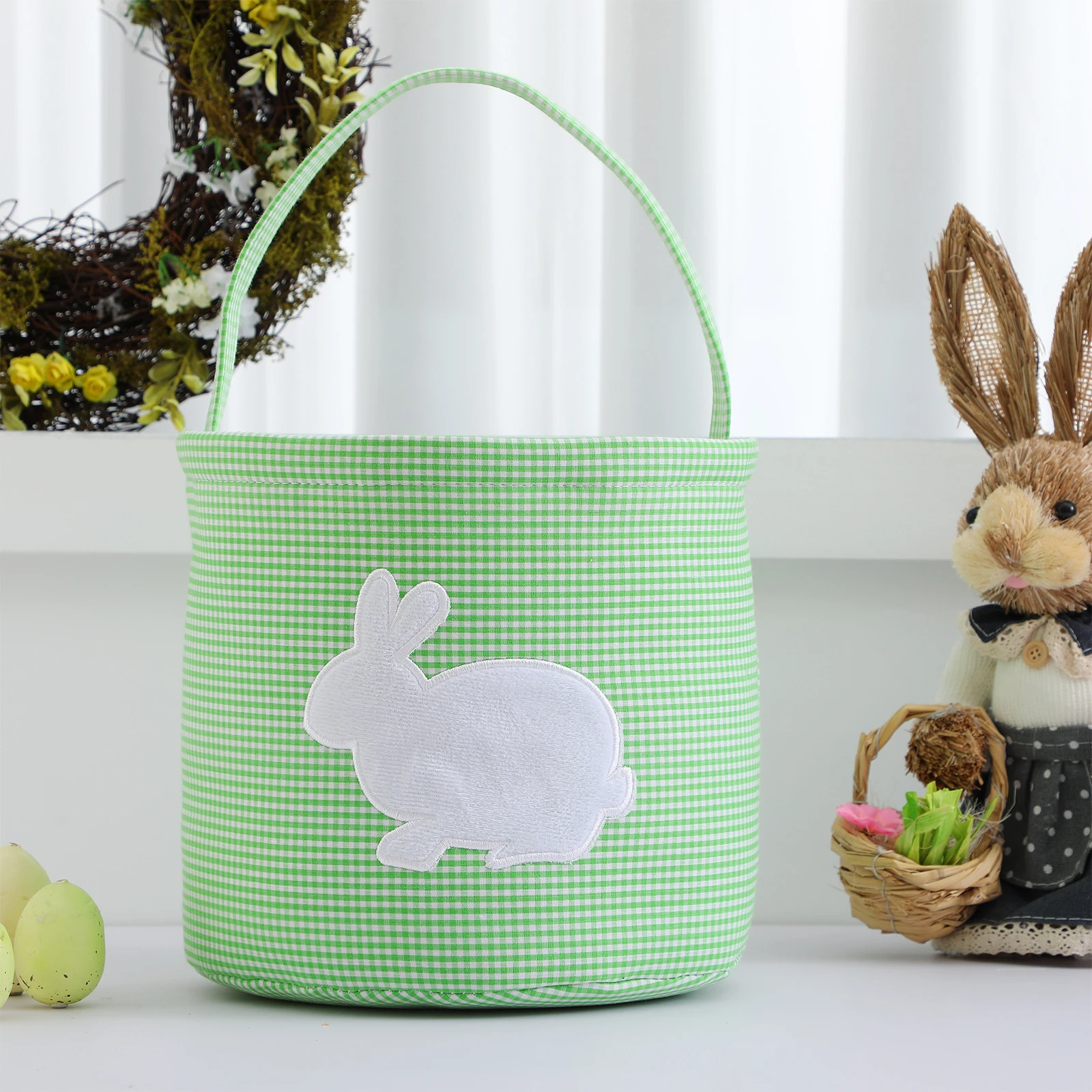 Easter Bunny Bucket Printed Rabbit Plaid Canvas Kids Eggs Hunt Basket Canvas Cotton Carrying Gift Bag Toys Party Handbag