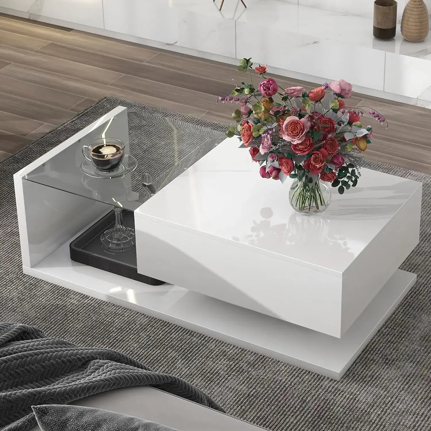 Modern Coffee Table with Tempered Glass,Small Coffee Table with High-Gloss UV Surface,2-Tier Coffee Table for Living Room,White