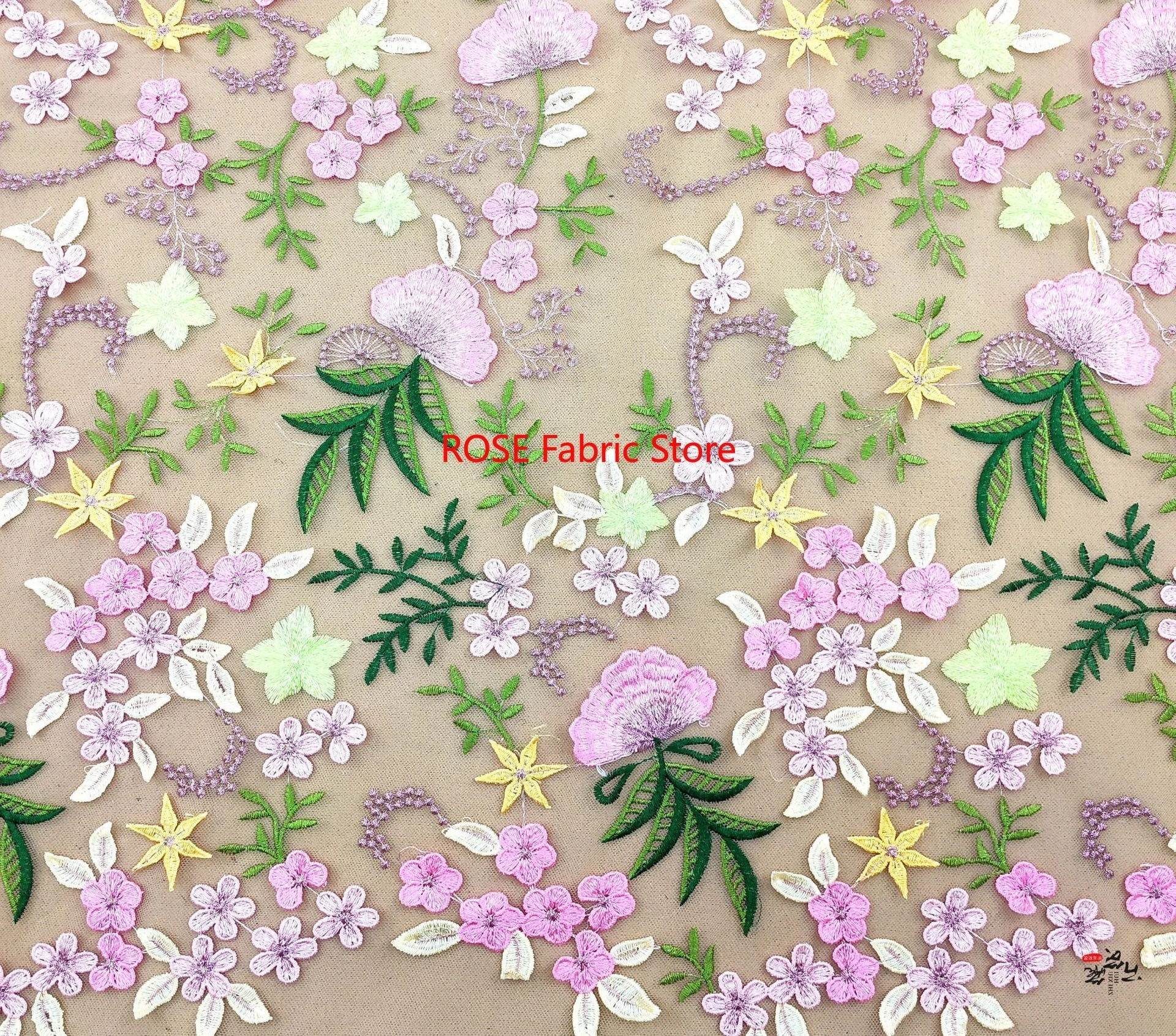 25 Colors Beautiful  Pretty Pink Flower Embroidery Fabric, Leave Floral Lace tulle for Wedding Gown, Party Dress, Garden Dress view 5