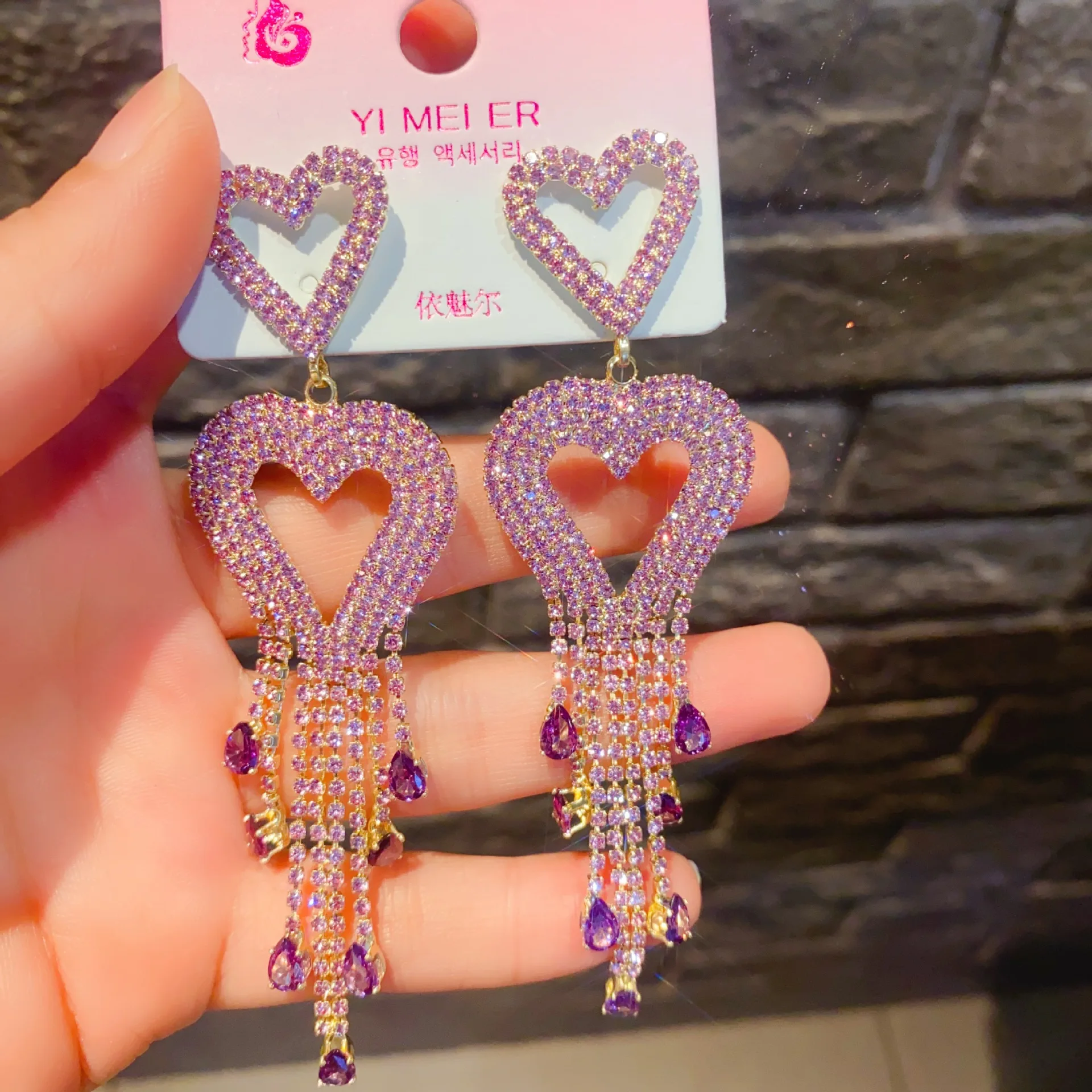 New Shiny Crystal Big Heart Earrings for Women Bijoux Long Tassel Full Rhinestone Drop Dangle Earrings Statement Jewelry Gifts