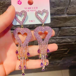 New Shiny Crystal Big Heart Earrings for Women Bijoux Long Tassel Full Rhinestone Drop Dangle Earrings Statement Jewelry Gifts