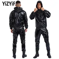 PVC Sauna Suit Cycling Exercise Gym Workout Yoga Clothes Long Sleeve Drawstring Hooded Jacket with Pants for Unisex Mens Womens