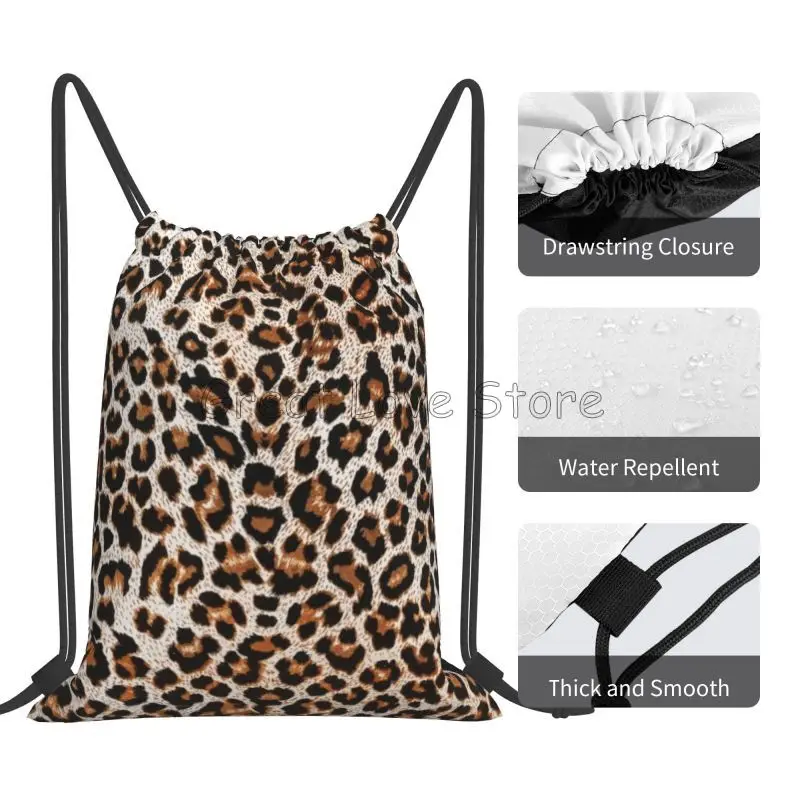 حقيبة ظهر برباط مطبوعة على شكل الفهد للنساء والرجال خفيفة الوزن وقابلة للطي حقيبة رياضية للصالة الرياضية حقيبة تخزين محمولة للتدريب