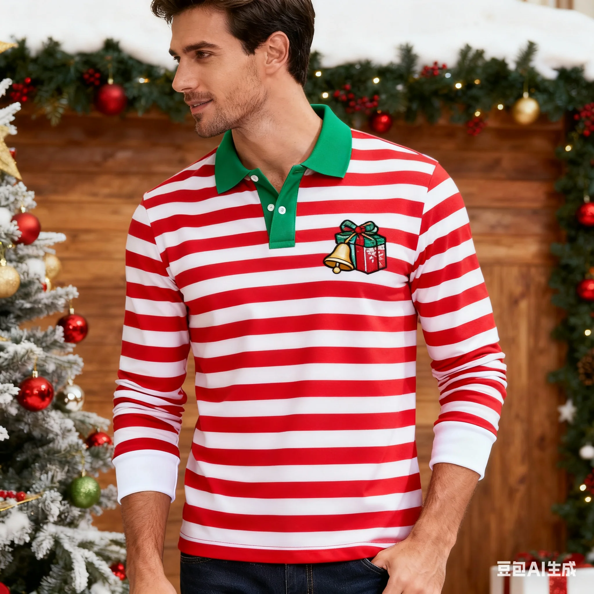 

Stripes Pattern Men's POLO Shirt 3D Christmas Style Print Men Clothing New Year Party Long Sleeve Turn-down Collar Buttoned Tops