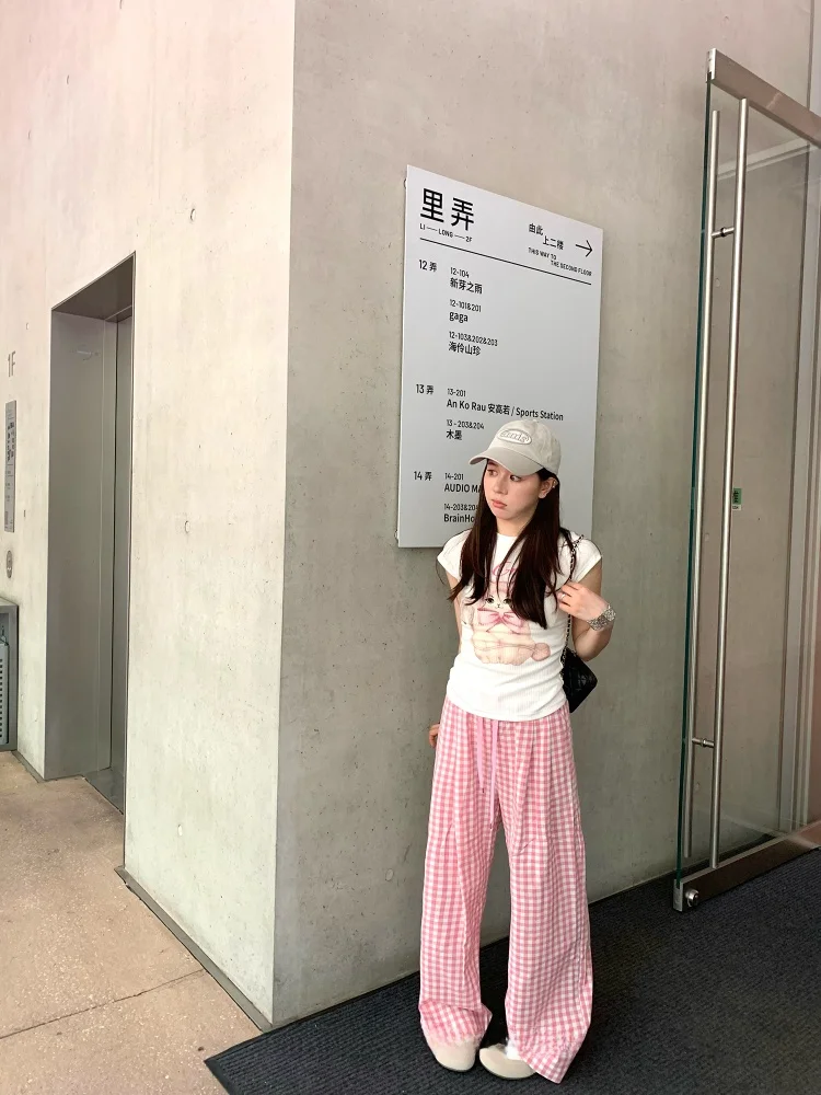 

Розовые клетчатые широкие прямые повседневные брюки для женщин, лето 2025, новинка Dopane, ленивые брюки-кюлоты с высокой талией, длинные брюки