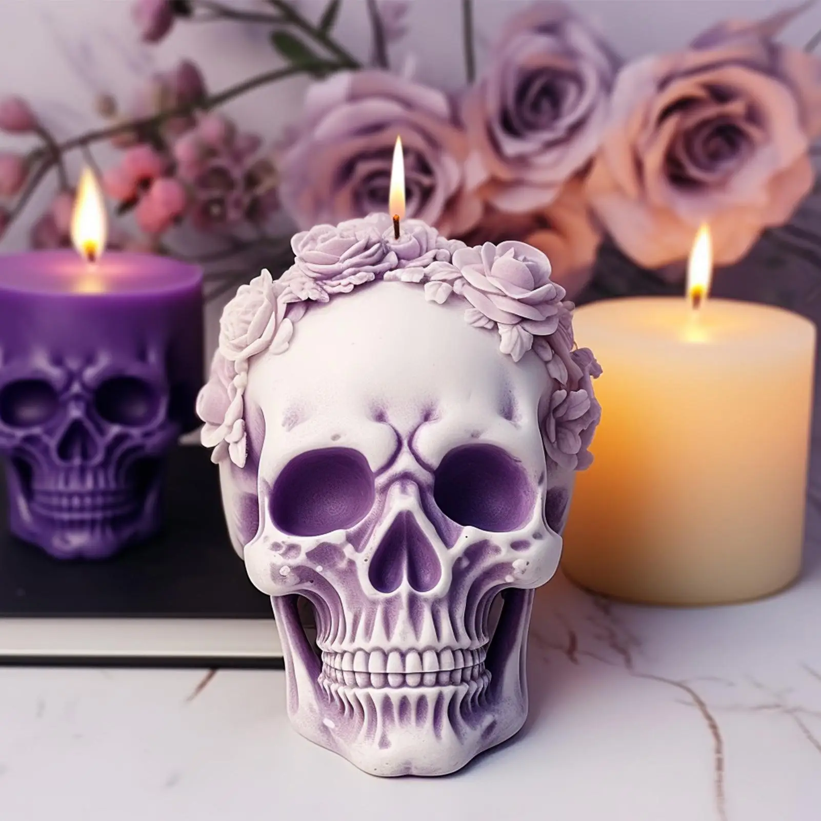 

3D Flower Skull Silicone Candle Molds Halloween Skull Decoration Crafts Plaster Resin Cement Mold DIY Hand Soap Making Tool