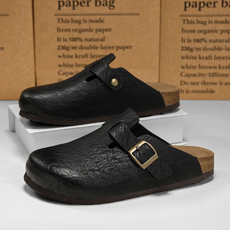 Fashion Leather Sandals with Adjustable Buckle Unisex Cork Closed Toe Slippers Slip-on Clogs Slides Backless Comfort Footbed