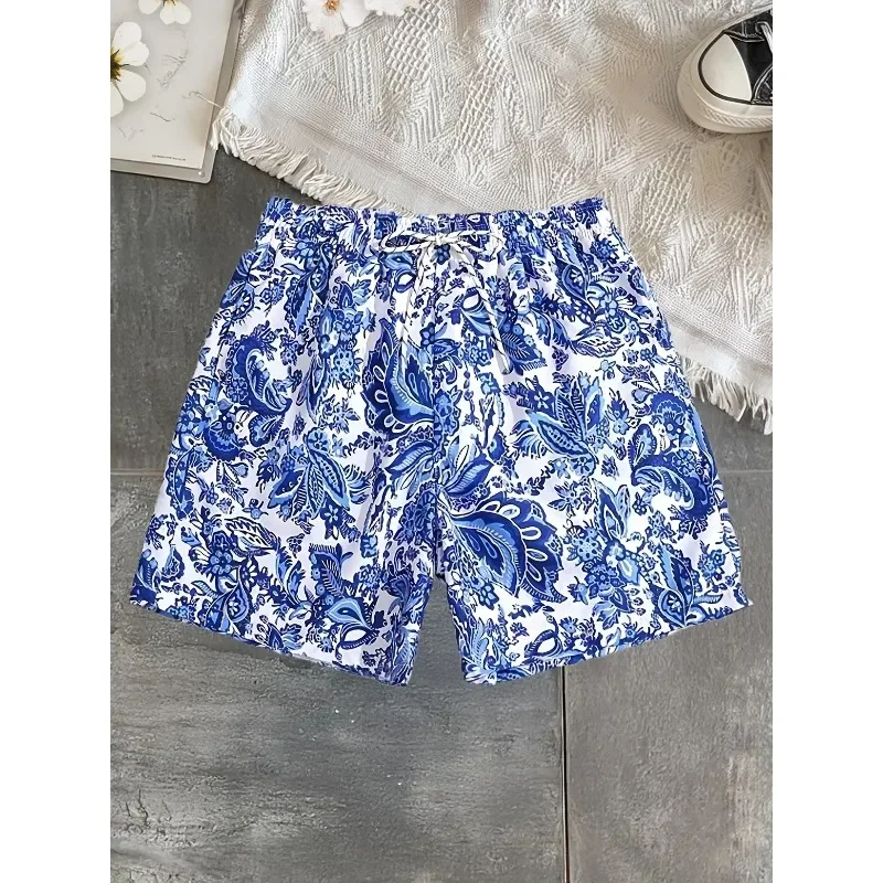 Men's drawstring waist floral print loose beach shorts patterned pool shorts, suitable for beaches and vacationsFK