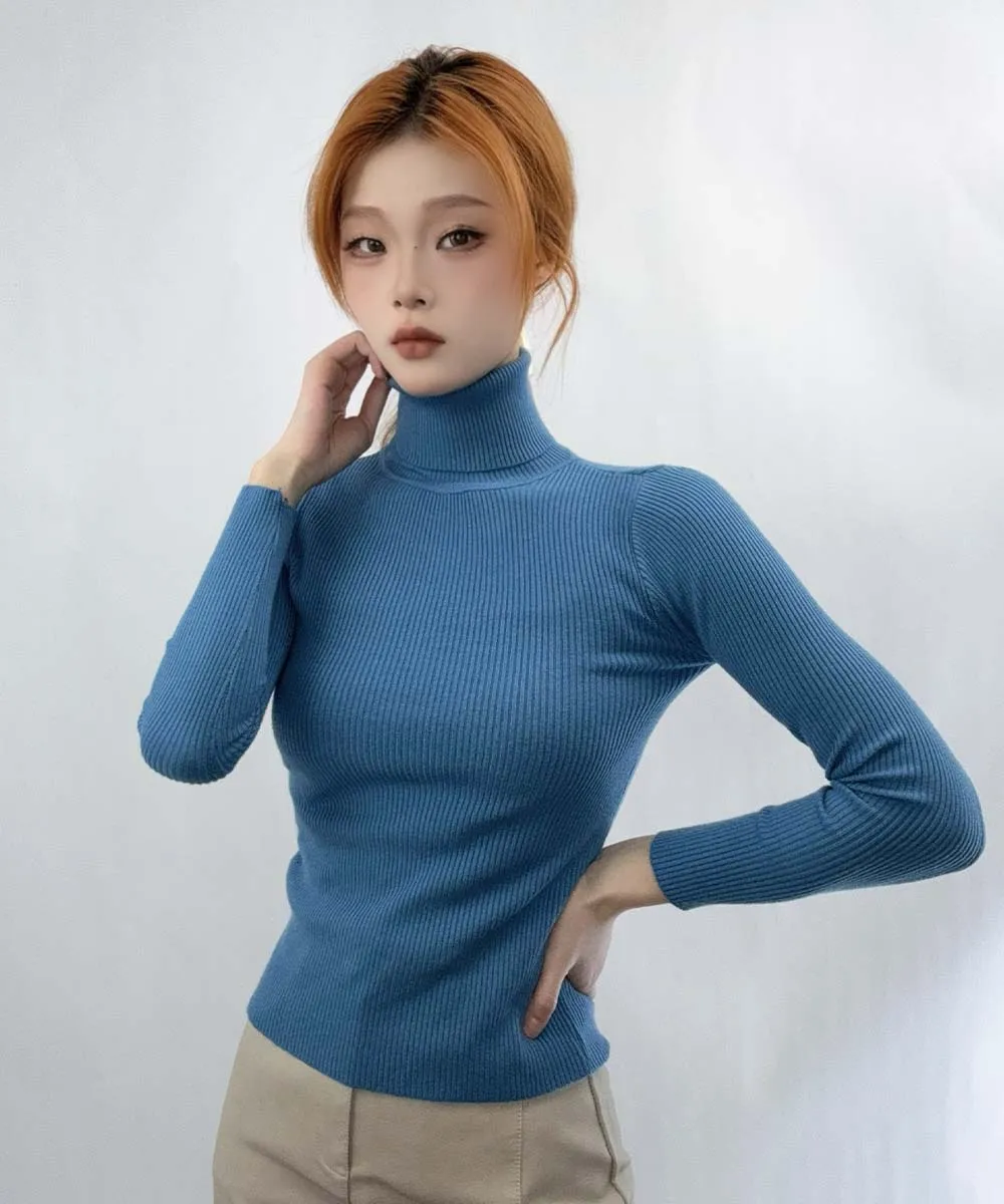 New Women Spring Solid Color Slim Fit Warm High Neck Sweater Soft Basic Elastic Knitted Sweater Pullover Female Stretch Tops