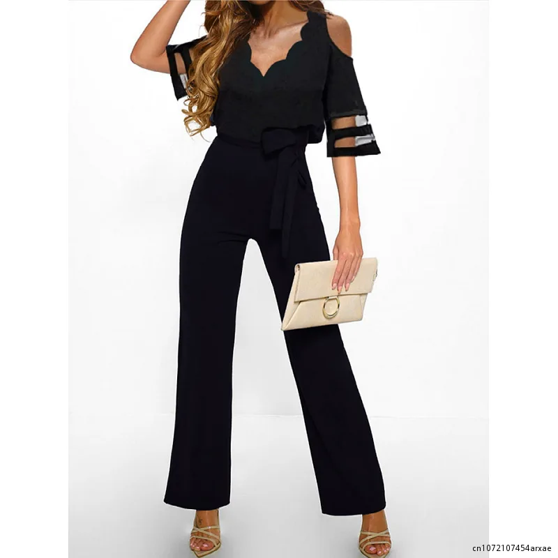 

Casual Office Jumpsuit Women Elegant Net Yarn Patchwork Summer Off Shoulder Lace-up Jumpsuit Streetwear Romper Overalls Women