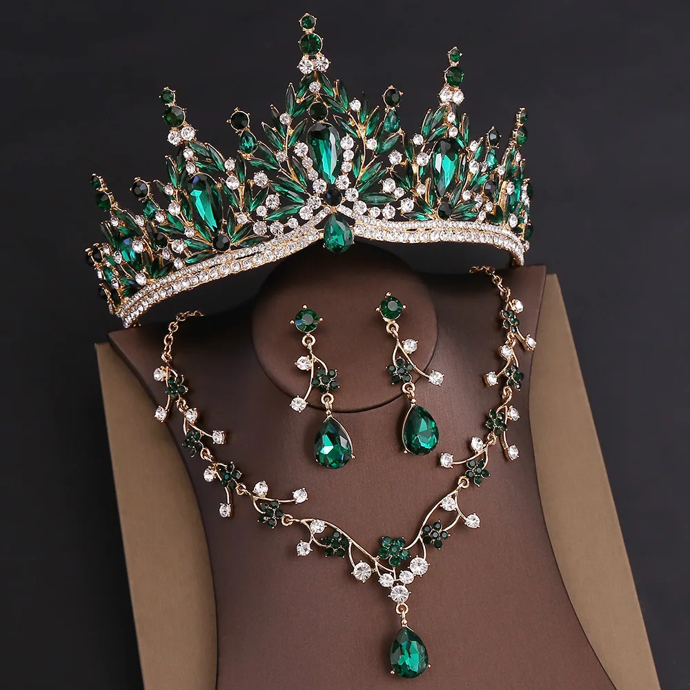 KMVEXO Luxury Colorful Crystal Water Drop Bridal Jewelry Sets Rhinestone Tiara Crown Necklace Earrings Wedding Dubai Jewelry Set