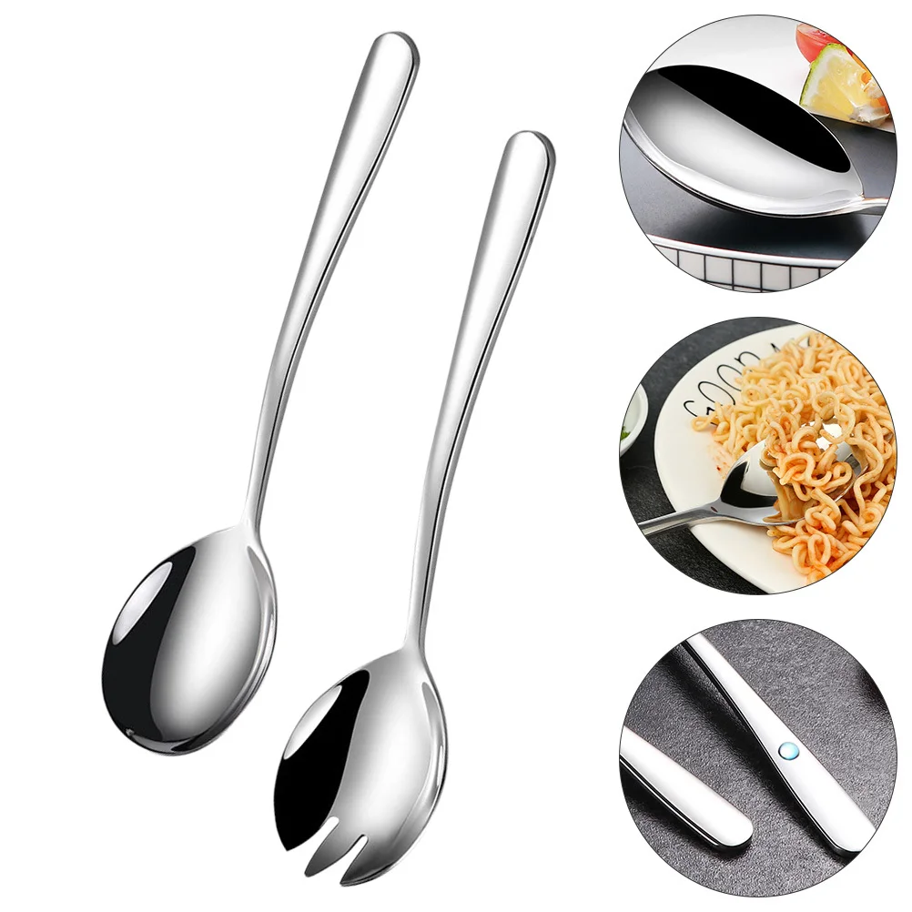 

1Set Salad Spoon Fork Stainless Steel Dual Use Cutlery Thickened Handle Comfortable Grip Stylish Dessert Flatware