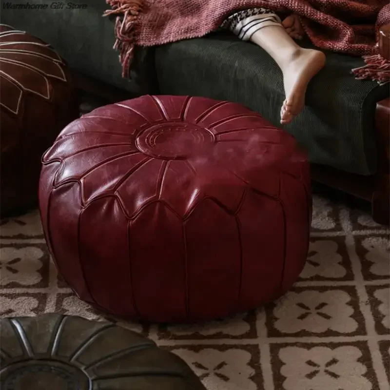 58cm Moroccan PU Leather Pouf Meditation Cushion Home Decor Embroidery Craft Hassock Ottoman Footstool Tatami Unstuffed Cushion