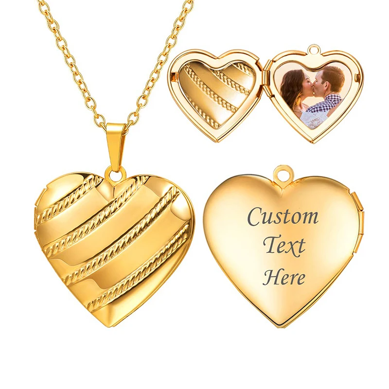 

Custom picture text Heart Necklace Gold Locket Pendant Stainless Steel Openable Photo Necklace For Women Romantic Jewelry Gift