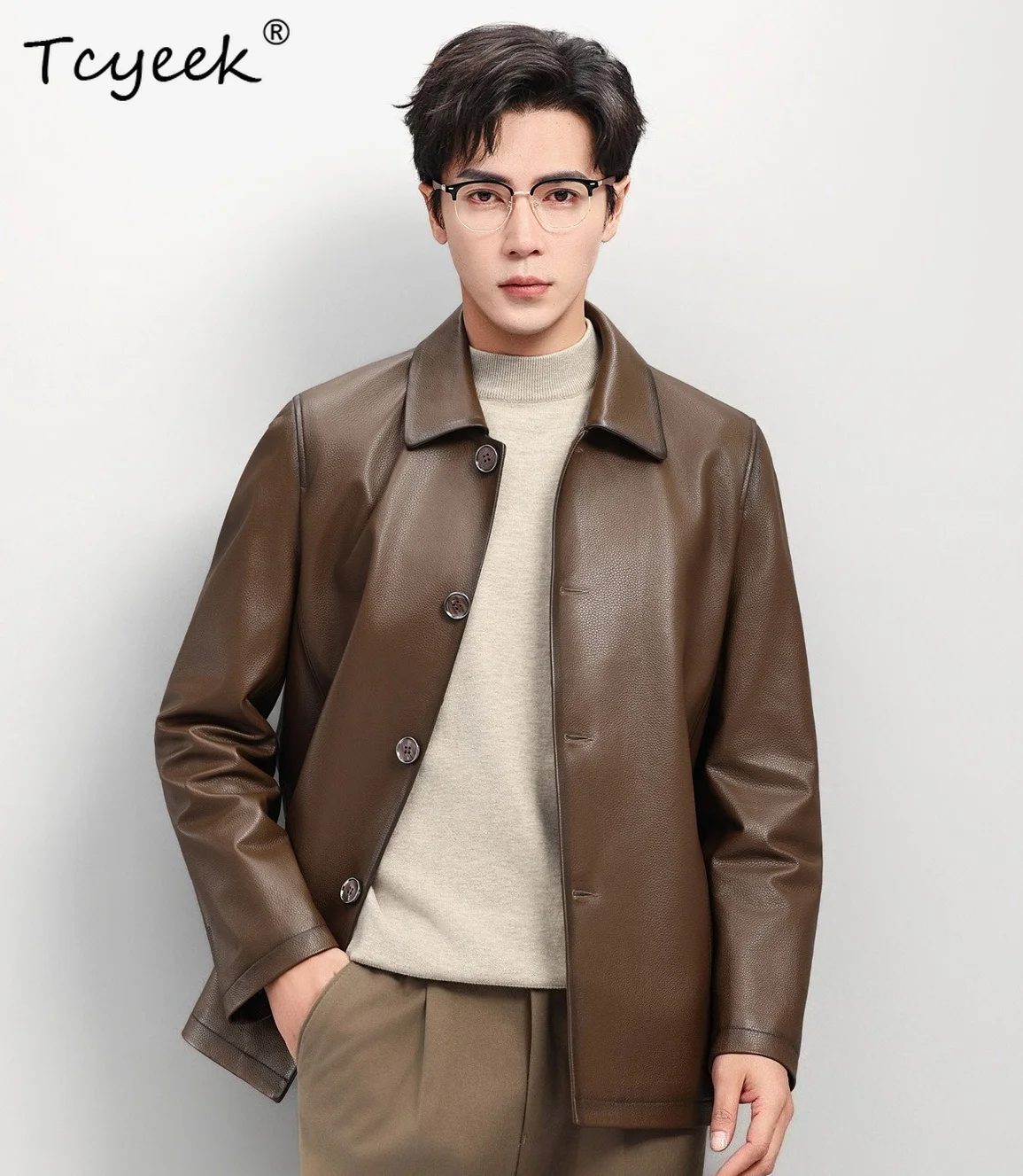 Tcyeek Real Leather Jacket Top Layer Cowhide Mens Jacket Middle-aged Mid-length Business Leather Jacket 2026 Winter Coats 가죽점퍼