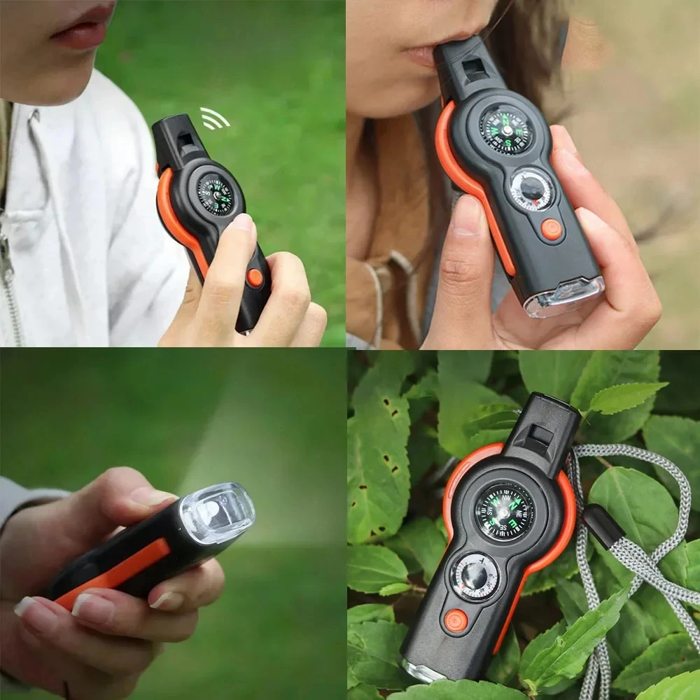 7 in 1 Emergency Survival Whistle Multifunctional LED Light Camping Hiking Whistle Compass Thermometer Magnifying Glass