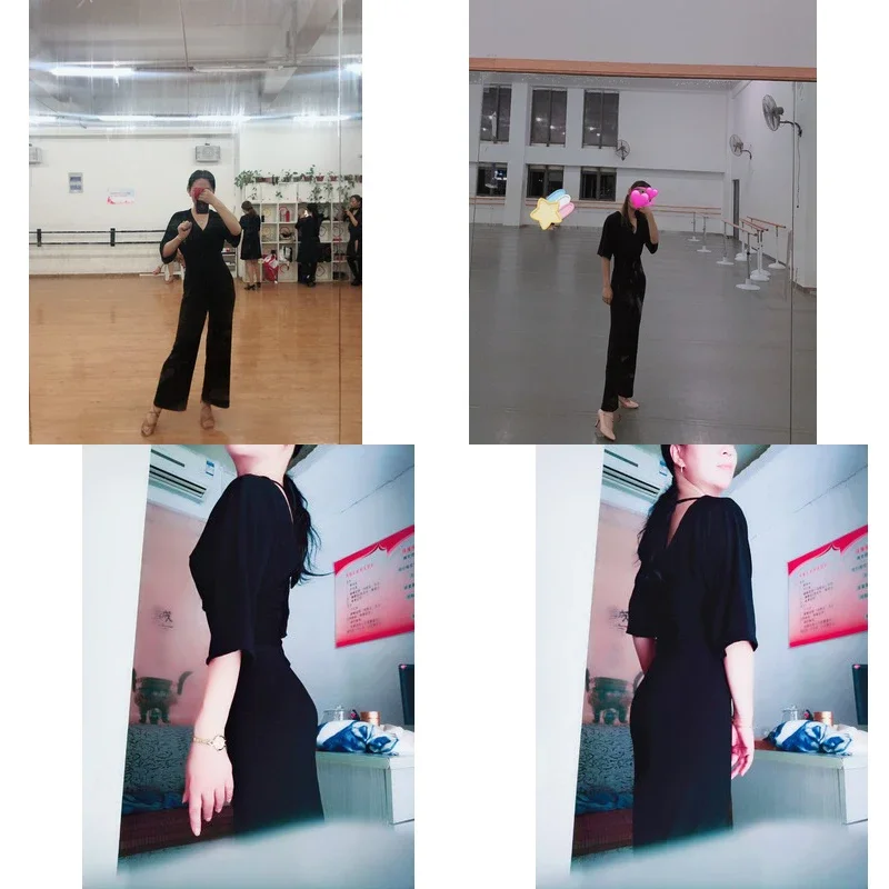 Latin Dance Dress Adults Black Loose Wide Legged Jumpsuit Ladies Rumba Tango Salsa Samba Cha Cha Ballroom Practice Wear DN4072